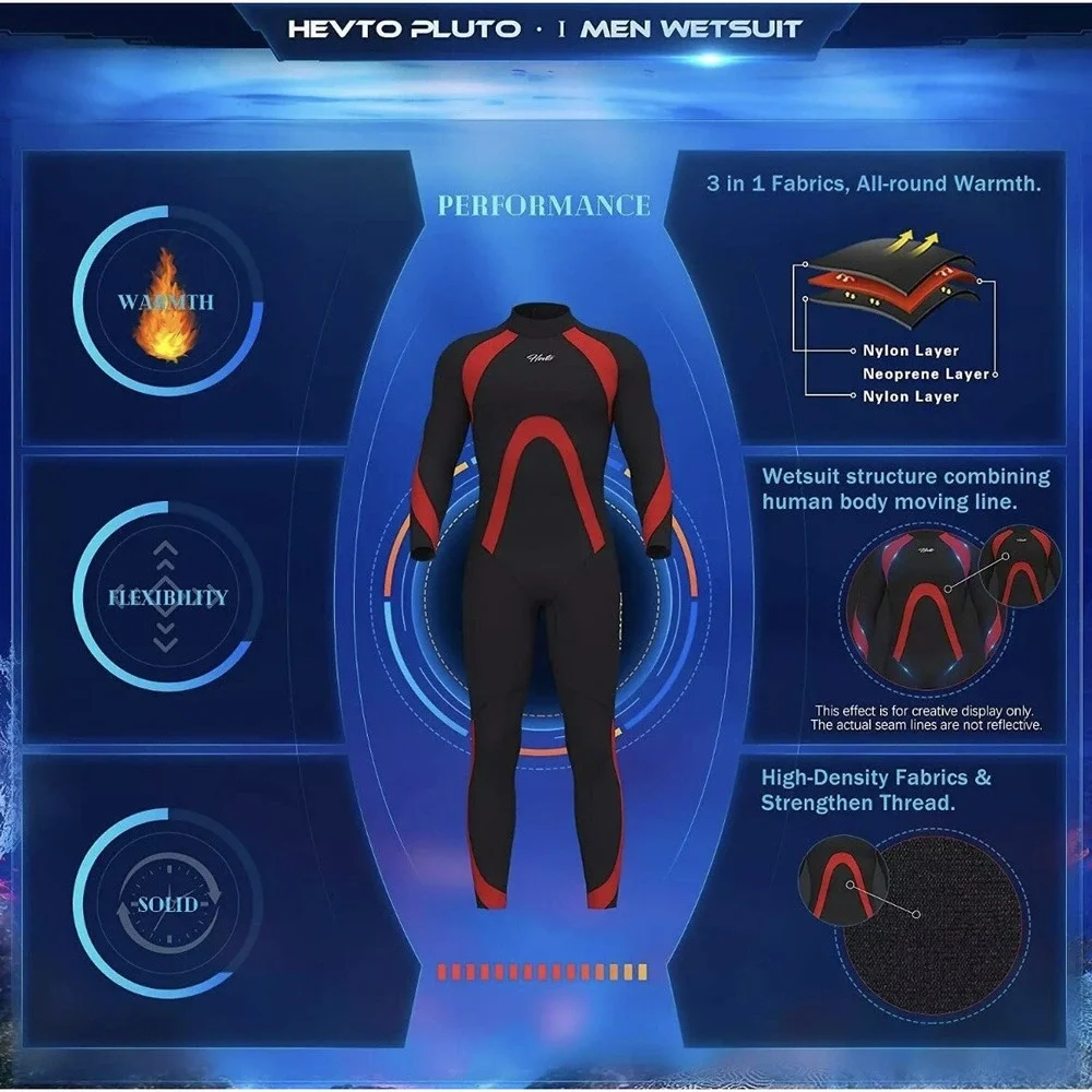 Hevto Pluto-1‎ 3XL Men's 3/2mm Black & Red Neoprene Wetsuit Full Scuba Suits